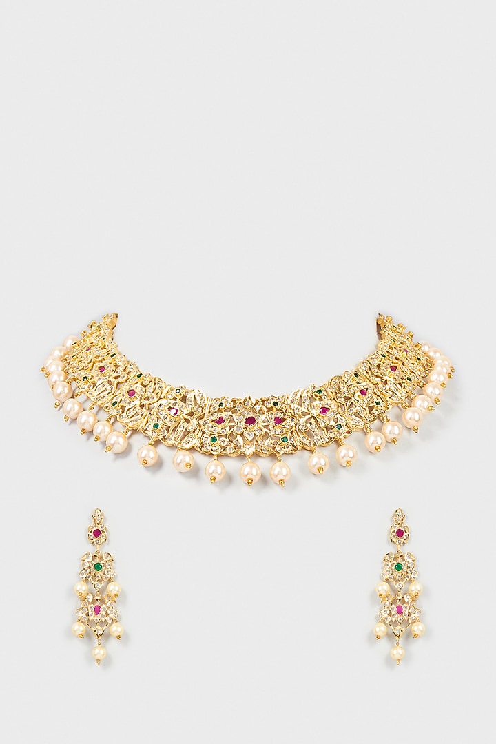 Gold Finish Kundan Polki & Pearl Choker Necklace Set by VASTRAA Jewellery at Pernia's Pop Up Shop